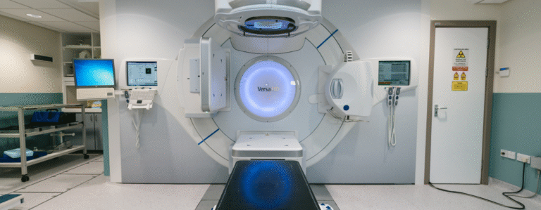 Equipamento médico Versa HD de radioterapia em sala hospitalar, com monitores e sinais de área controlada por radiação.